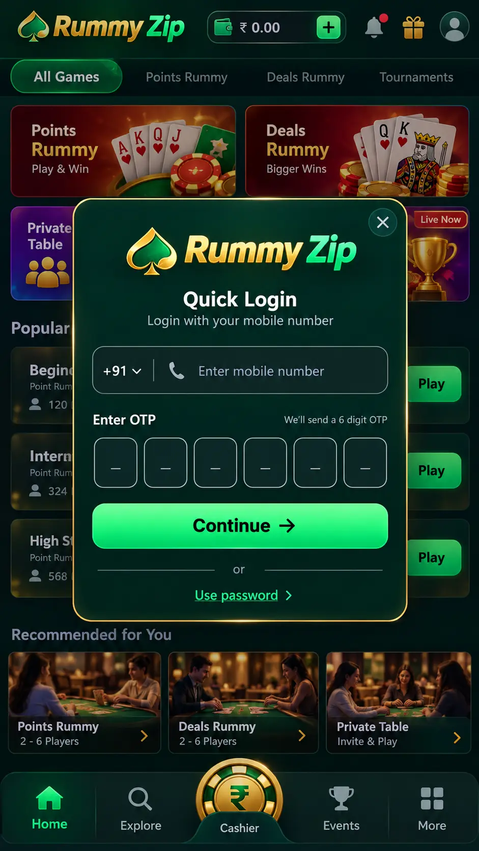 Rummy Zip — quick sign-in
